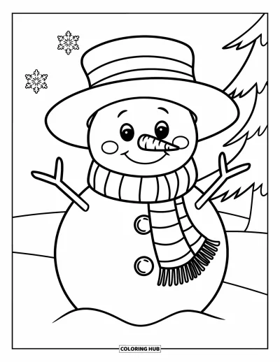 Coloriage de Noël pour enfants : Un bonhomme de neige joueur au nez carotte et au grand sourire se tient dans un décor enneigé