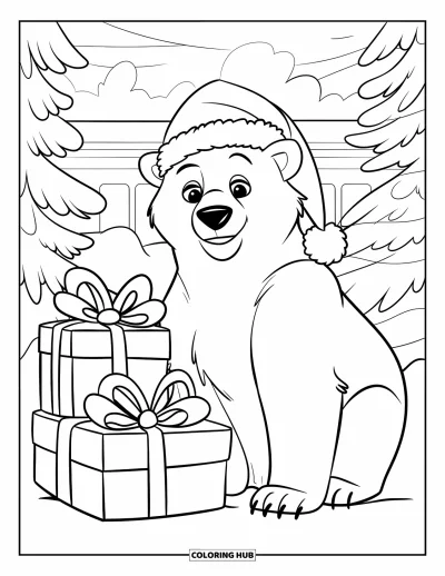 Coloriage de Noël pour enfants : Un ours polaire en bonnet de Père Noël assis près d’une pile de cadeaux dans un décor enneigé