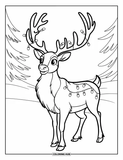 Coloriage de Noël pour enfants : Un renne aux grands bois décorés de lumières de Noël lumineuses se tient dans la neige