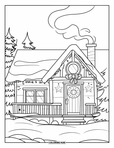 Coloriage de Noël pour enfants : Un chalet d’hiver rustique avec une couronne, des fenêtres lumineuses et de la fumée montant vers le ciel nocturne