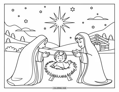 Coloriage de Noël pour enfants : Une scène de la Nativité paisible avec l’Enfant Jésus dans une mangeoire, entouré de montagnes et d’arbres