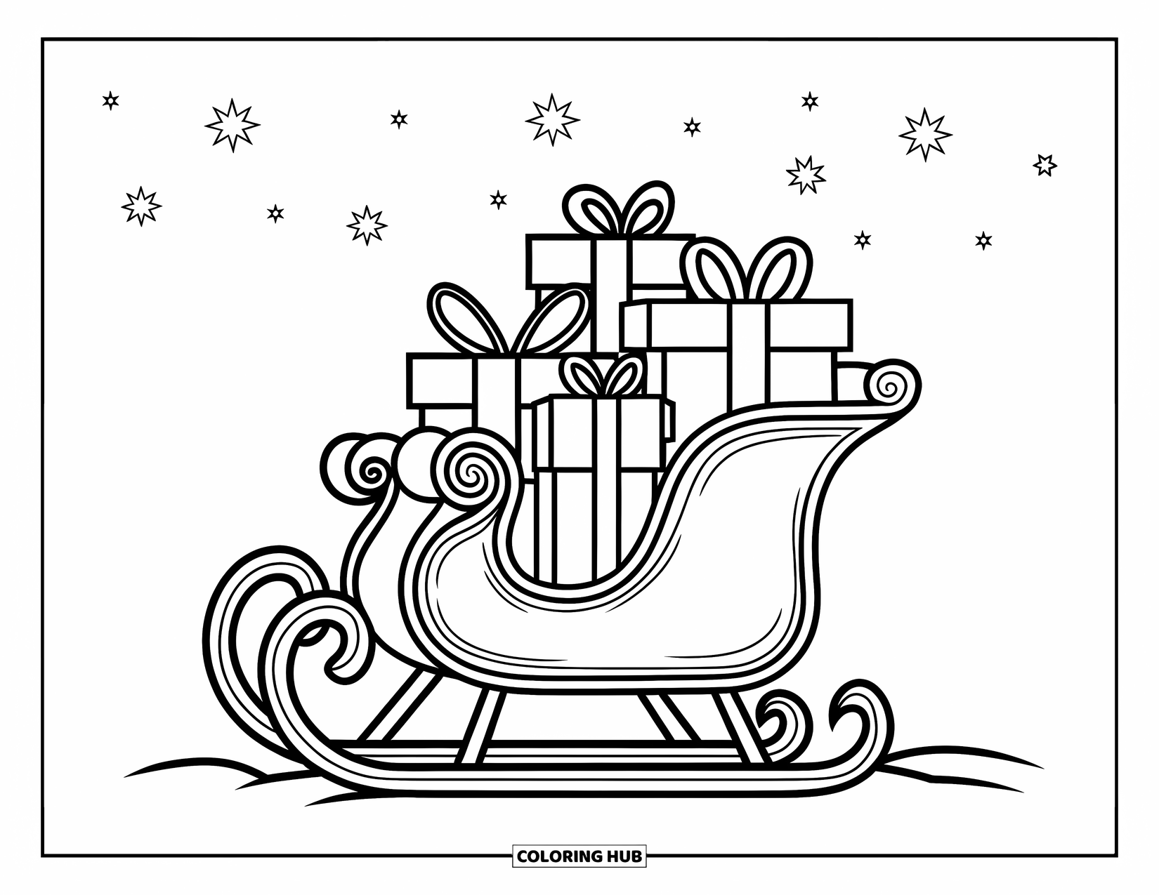 Weihnachts-Ausmalbild für Kinder: Ein Schlitten mit Geschenken gleitet unter klarem Nachthimmel über verschneite Hügel