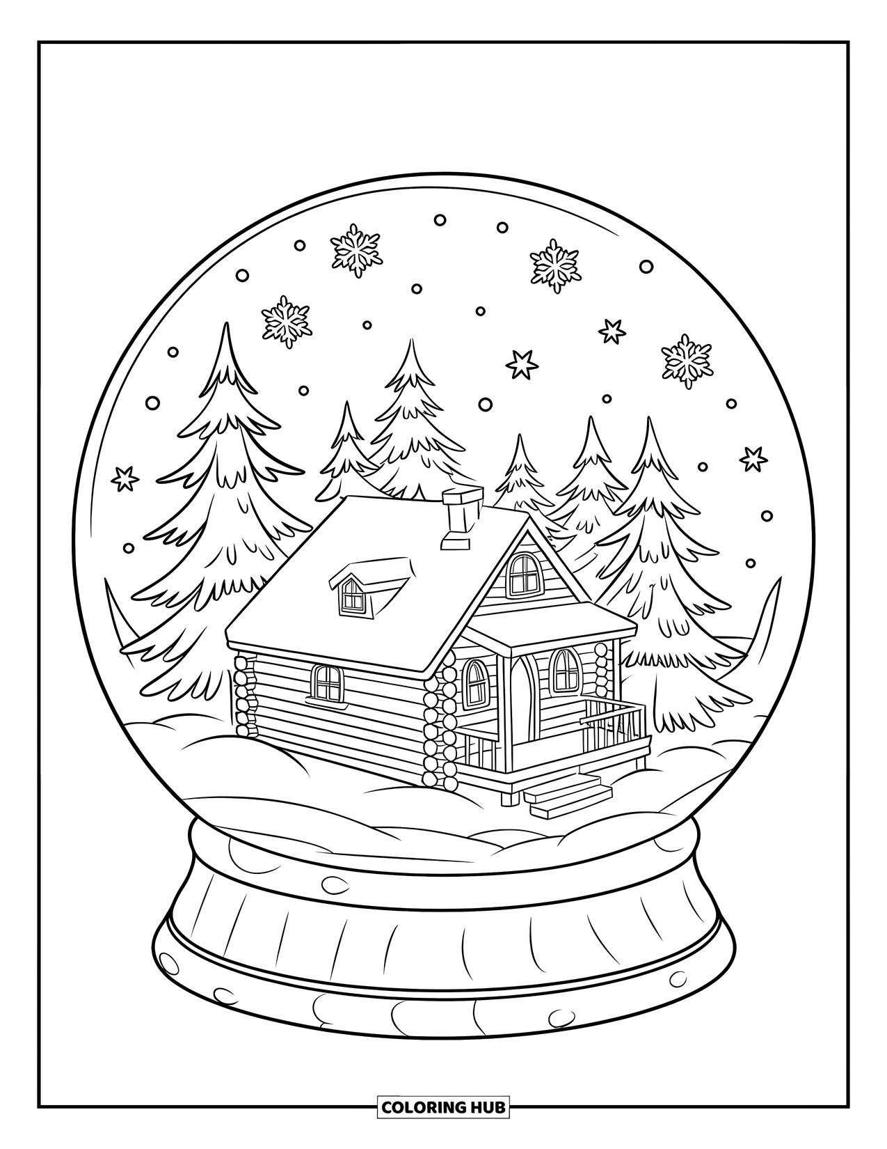 Weihnachts-Ausmalbild für Kinder: Eine Schneekugel mit einer gemütlichen Blockhütte, verschneiten Kiefern und zarten fallenden Schneeflocken