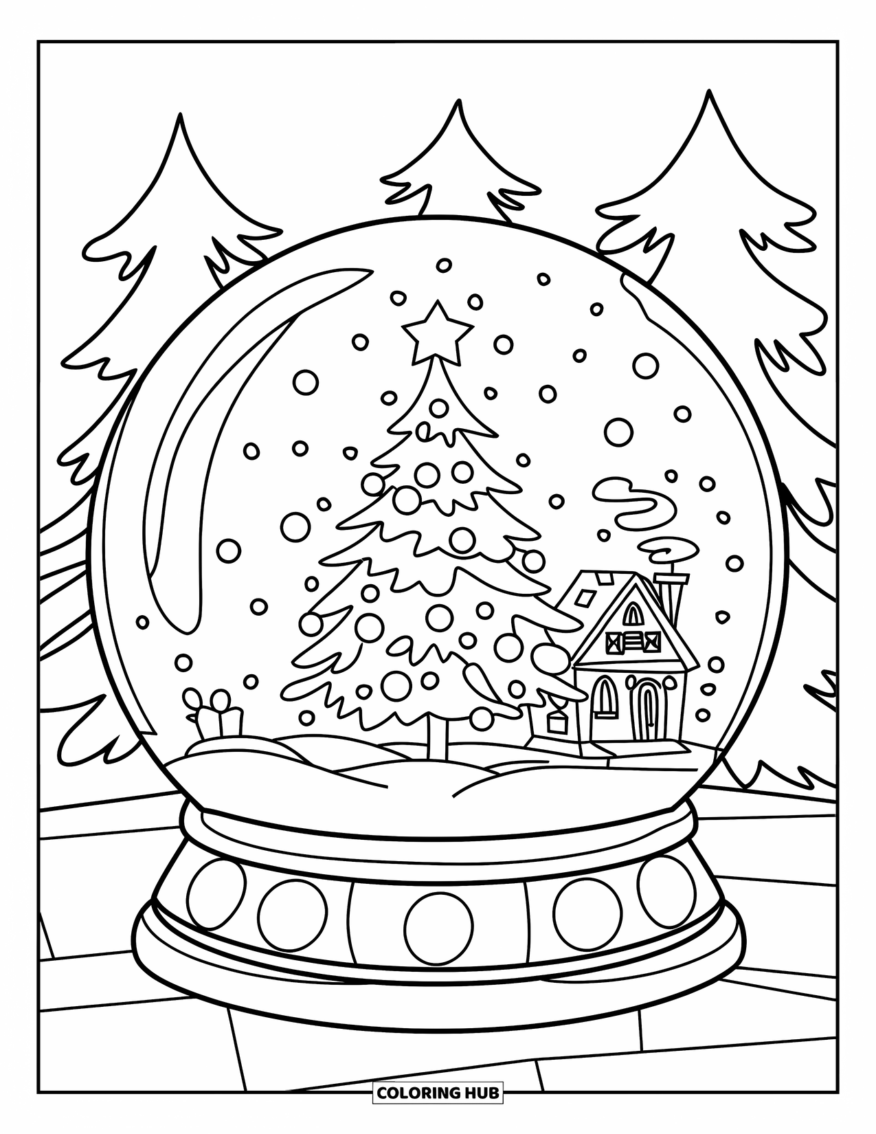 Weihnachts-Ausmalbild für Kinder: Eine Schneekugel mit einem leuchtenden Baum und einem winzigen Haus, umgeben von Kiefern
