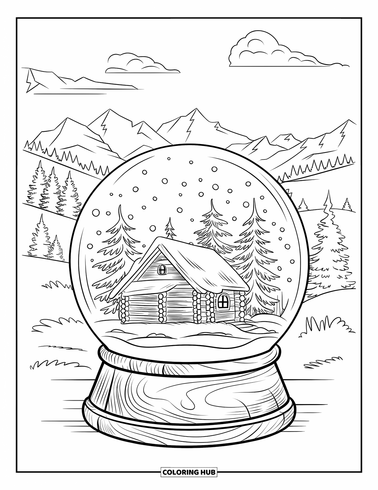 Weihnachts-Ausmalbild für Kinder: Eine Schneekugel mit einer warmen Blockhütte, verschneiten Bäumen und sanft fallenden Schneeflocken