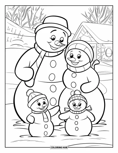 Coloriage de Noël pour enfants : Une famille de quatre bonshommes de neige se serre dans un paysage enneigé avec des arbres