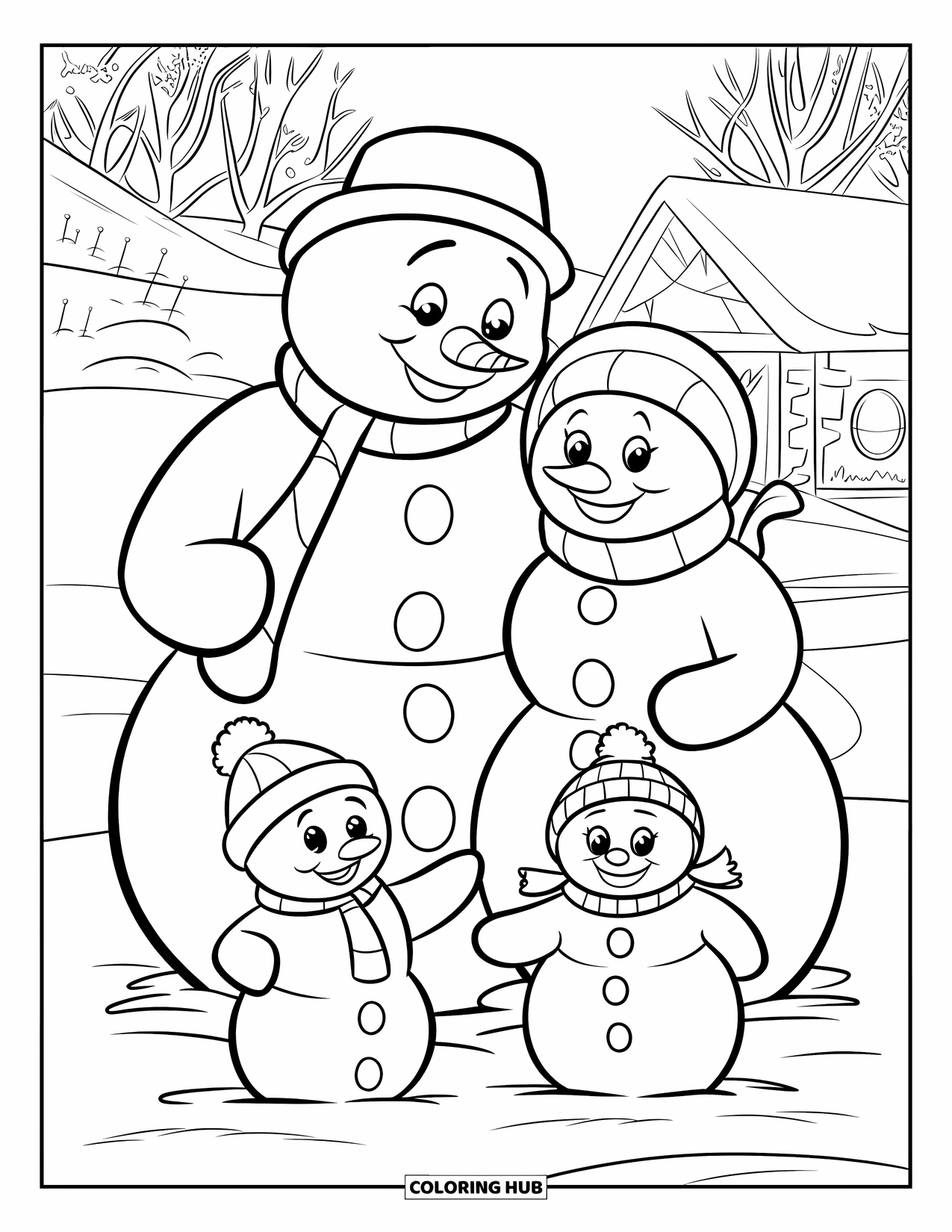 Weihnachts-Ausmalbild für Kinder: Eine Schneemannfamilie mit vier Personen kuschelt sich in einer verschneiten Landschaft mit Bäumen zusammen