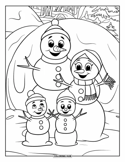 Coloriage de Noël pour enfants : Une famille de quatre bonshommes de neige sourit ensemble, chacun portant un bonnet et une écharpe d’hiver