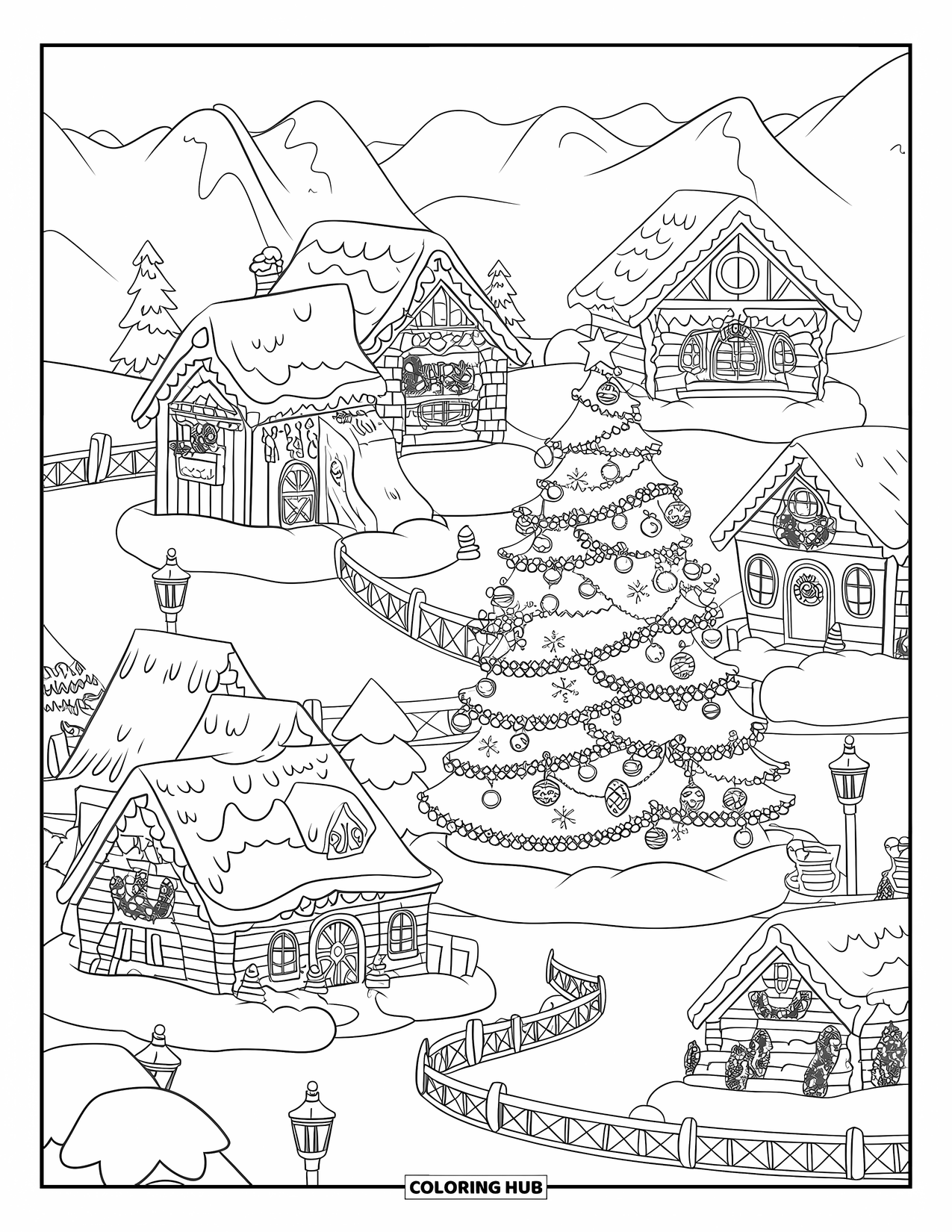 Weihnachts-Ausmalbild für Kinder: Ein verschneites Weihnachtsdorf mit einem geschmückten Baum, festlichen Häusern und Bergblick