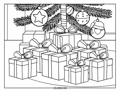 Coloriage de Noël pour enfants : Une pile de cadeaux joliment emballés est posée sous un sapin de Noël aux ornements brillants