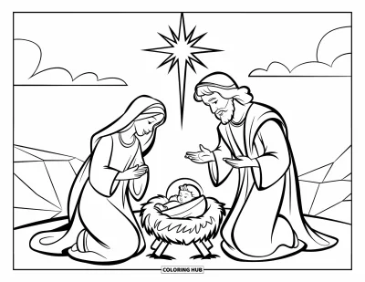 Coloriage de Noël pour enfants : Une scène de la Nativité inspirée d’un vitrail avec Marie, Joseph et l’Enfant Jésus