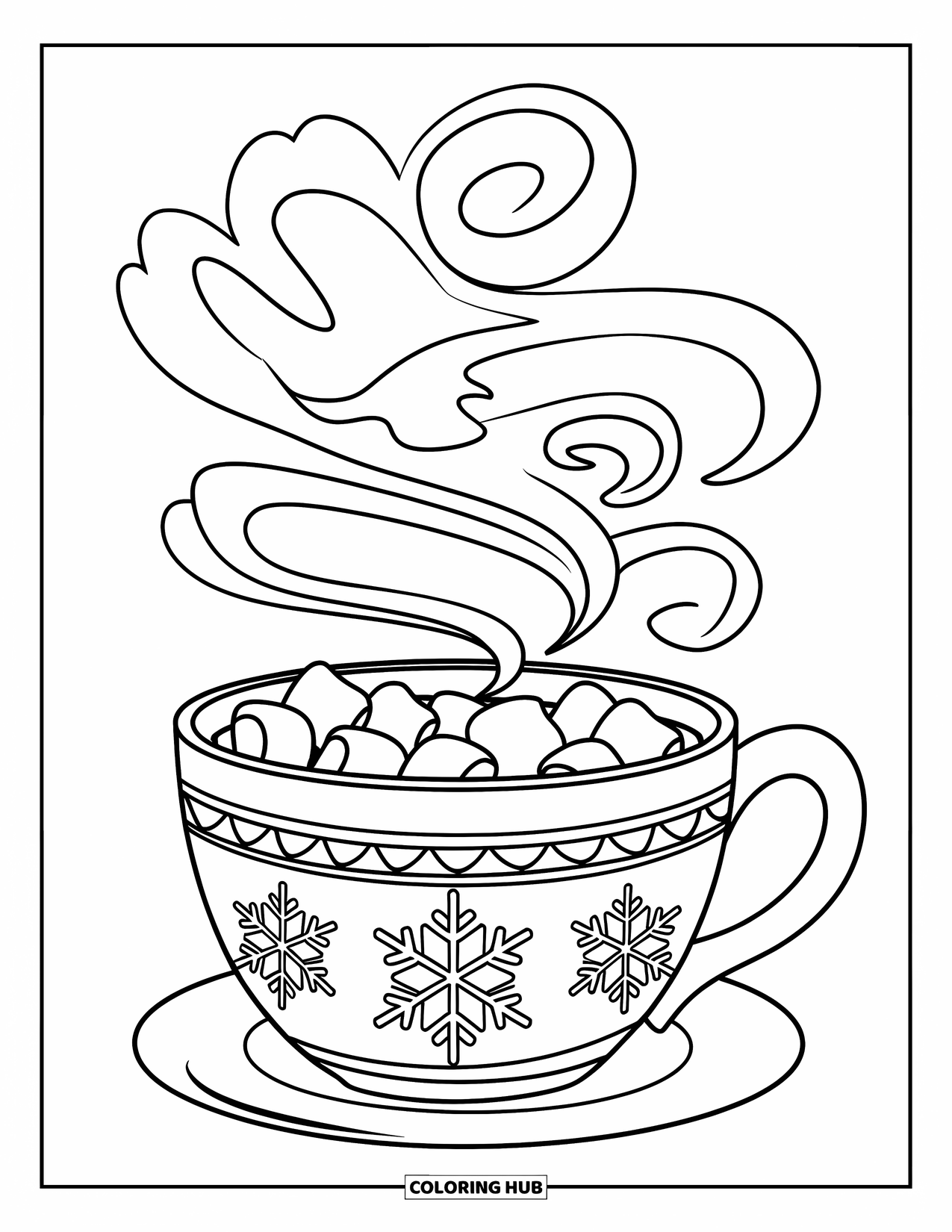 Weihnachts-Ausmalbild für Kinder: Eine dampfende Tasse heißer Schokolade mit Marshmallows, verziert mit einem Schneeflockenmuster