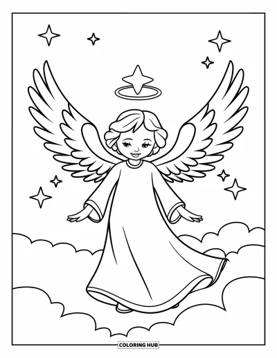 Coloriage de Noël pour enfants : Un ange adorable aux grandes ailes et à l’étoile lumineuse se tient sur un nuage moelleux