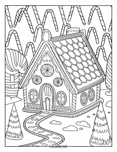 Coloriage de Noël pour enfants : Une douce maison en pain d’épices avec un chemin en cannes en sucre d’orge et des détails givrés