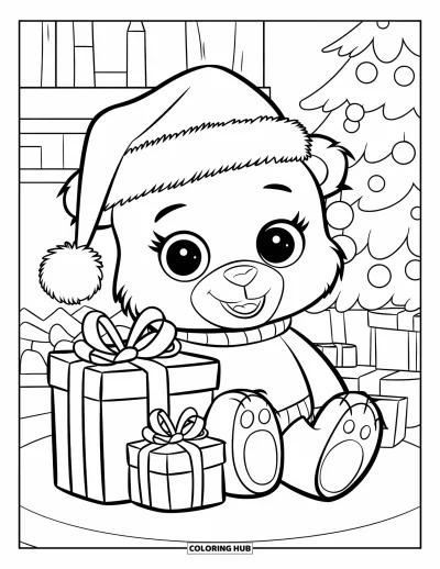 Coloriage de Noël pour enfants : Un ours en peluche avec un bonnet de Père Noël est assis près d’une cheminée chaleureuse, entouré de cadeaux de Noël
