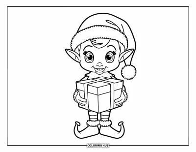Coloriage de Noël pour enfants : Un petit elfe avec un bonnet de Père Noël et des chaussures pointues porte un cadeau de Noël spécial