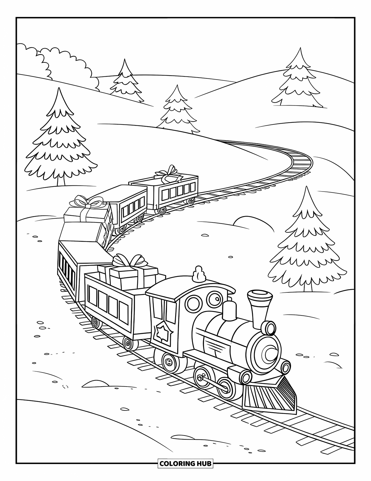 Weihnachts-Ausmalbild für Kinder: Eine Spielzeugeisenbahn tuckert auf einer schneebedeckten Strecke und transportiert Geschenke und Weihnachtsfreude