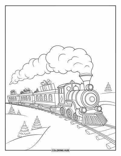 Coloriage de Noël pour enfants : Un train jouet rempli de cadeaux avance sur une voie enneigée le long des pins
