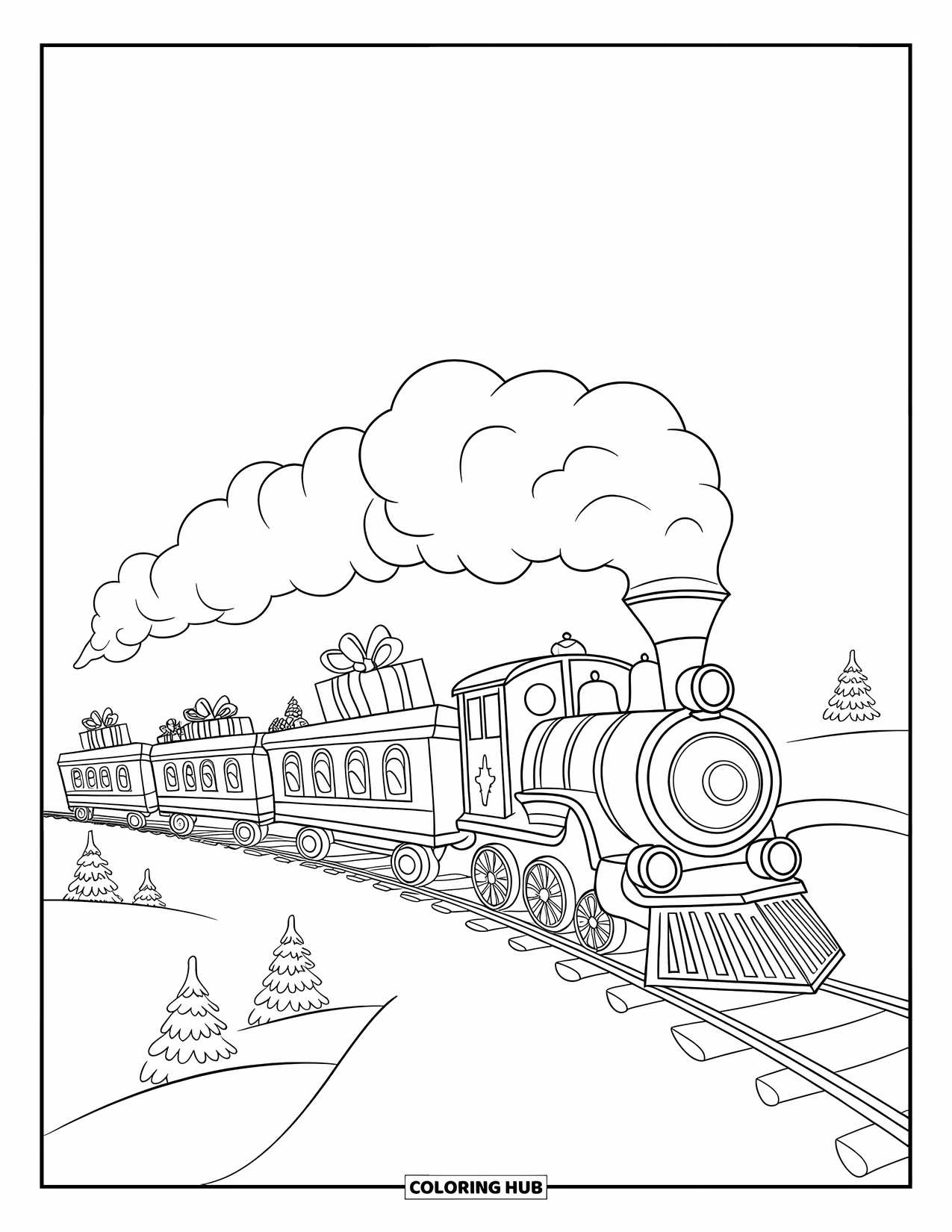 Weihnachts-Ausmalbild für Kinder: Eine Spielzeugeisenbahn voller Geschenke fährt auf einer verschneiten Strecke an Kiefern vorbei
