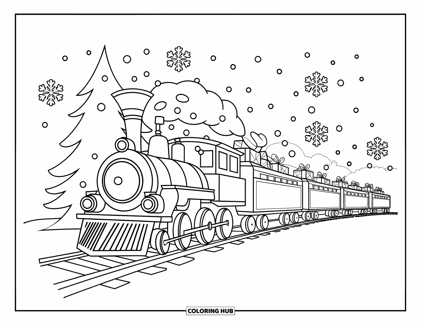 Weihnachts-Ausmalbild für Kinder: Ein Zug voller Weihnachtsgeschenke fährt durch eine verschneite Landschaft mit funkelnden Lichtern