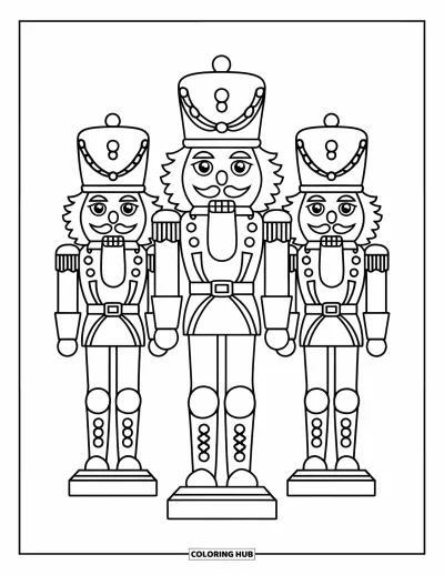 Coloriage de Noël pour enfants : Un trio de soldats casse-noisette se tient fièrement, vêtu d’uniformes festifs