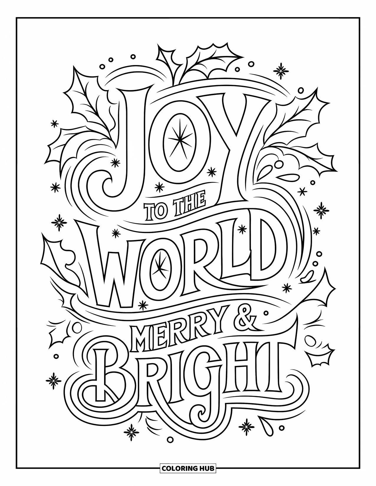 Weihnachts-Ausmalbild für Kinder: Ein Typografie-Design mit "Joy to the World" und "Merry & Bright", verziert mit festlichen Details