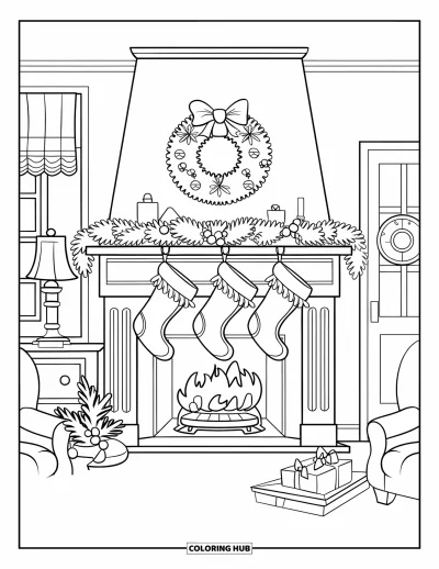 Coloriage de Noël pour enfants : Une cheminée chaleureuse avec des chaussettes, une couronne et des décorations festives sur le manteau