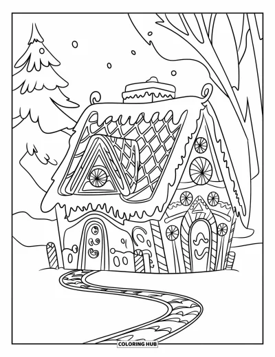 Coloriage de Noël pour enfants : Une maison en pain d’épices fantaisie avec un chemin bordé de bonbons et des décorations enneigées à la menthe
