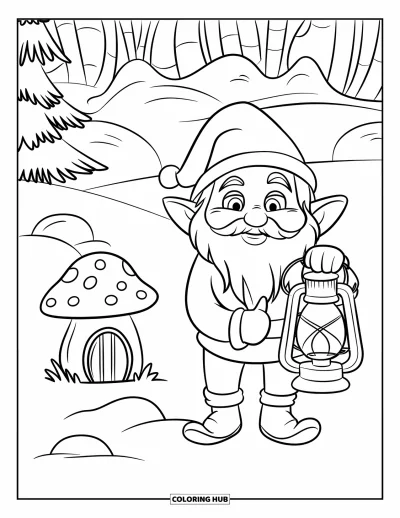 Coloriage de Noël pour enfants : Un lutin d’hiver tient une lanterne près d’une petite maison champignon dans un paysage enneigé