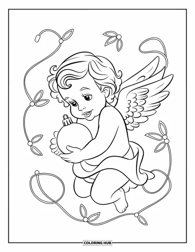 Coloriage de Noël pour enfants : Un chérubin angélique tient une boule lumineuse, entouré de lumières de Noël et de gui
