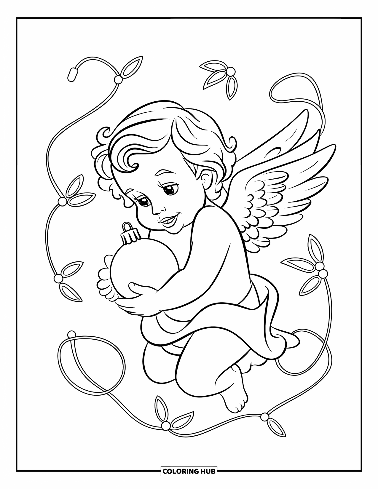 Weihnachts-Ausmalbild für Kinder: Ein Engels-Cherub hält ein leuchtendes Ornament, umgeben von Weihnachtslichtern und Mistelzweigen