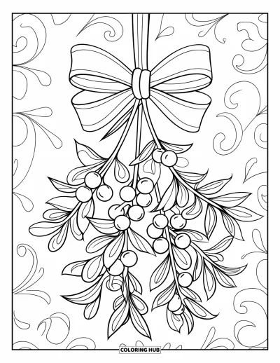Coloriage de Noël pour enfants : Une branche de gui raffinée nouée avec un ruban, encadrée de motifs de fête tourbillonnants