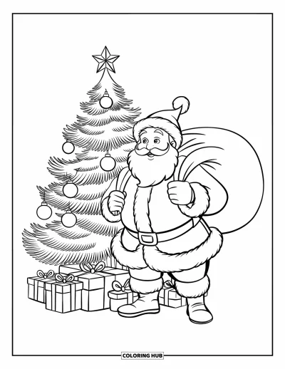 Coloriage de Noël pour enfants : Le Père Noël joyeux tient un sac de cadeaux à côté d’un sapin étincelant
