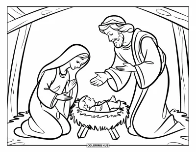 Coloriage de Noël pour enfants : Marie, Joseph et l’Enfant Jésus se reposent paisiblement dans une mangeoire, dans une étable tranquille