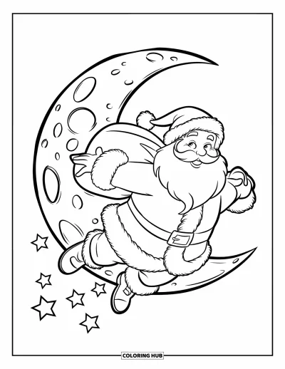 Coloriage de Noël pour enfants : Le Père Noël et ses rennes filent dans le ciel au clair de lune, livrant des cadeaux aux enfants en dessous