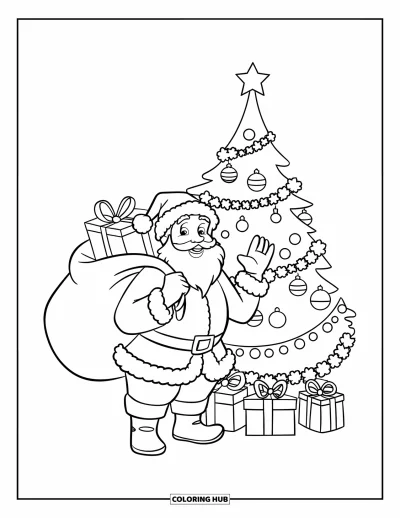 Coloriage de Noël pour enfants : Le Père Noël avec un grand sac de cadeaux se tient près d’un sapin de Noël décoré