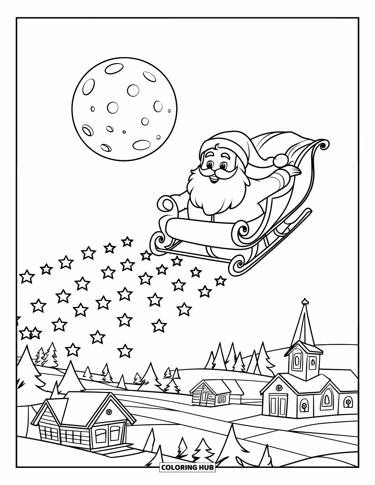 Weihnachts-Ausmalbild für Kinder: Der Weihnachtsmann gleitet über den Nachthimmel und hinterlässt eine funkelnde Spur der Magie