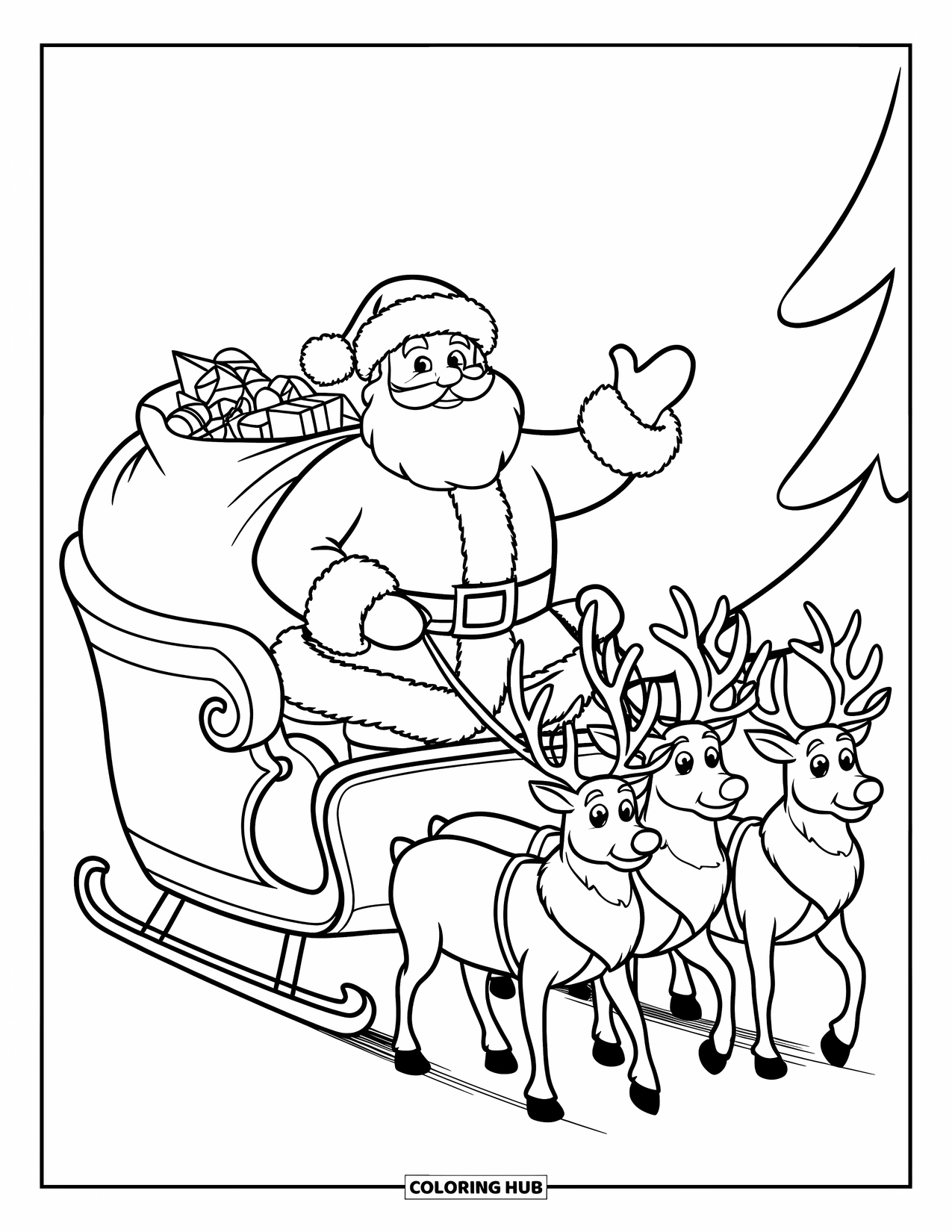 Weihnachts-Ausmalbild für Kinder: Der Weihnachtsmann fährt mit seinem Schlitten durch eine verschneite Nacht und winkt, während Rentiere ihn vorwärts ziehen