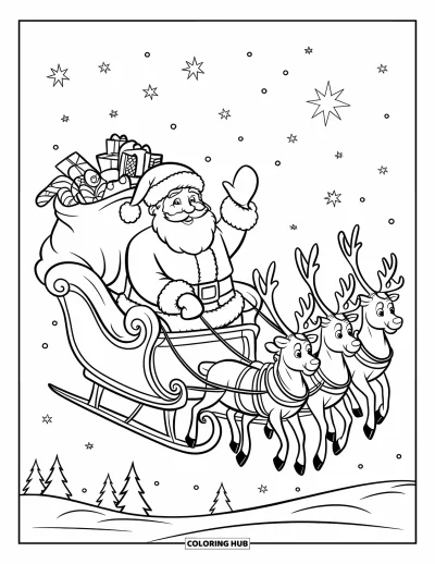 Coloriage de Noël pour enfants : Le Père Noël salue depuis son traîneau, portant un sac de cadeaux et volant avec ses rennes