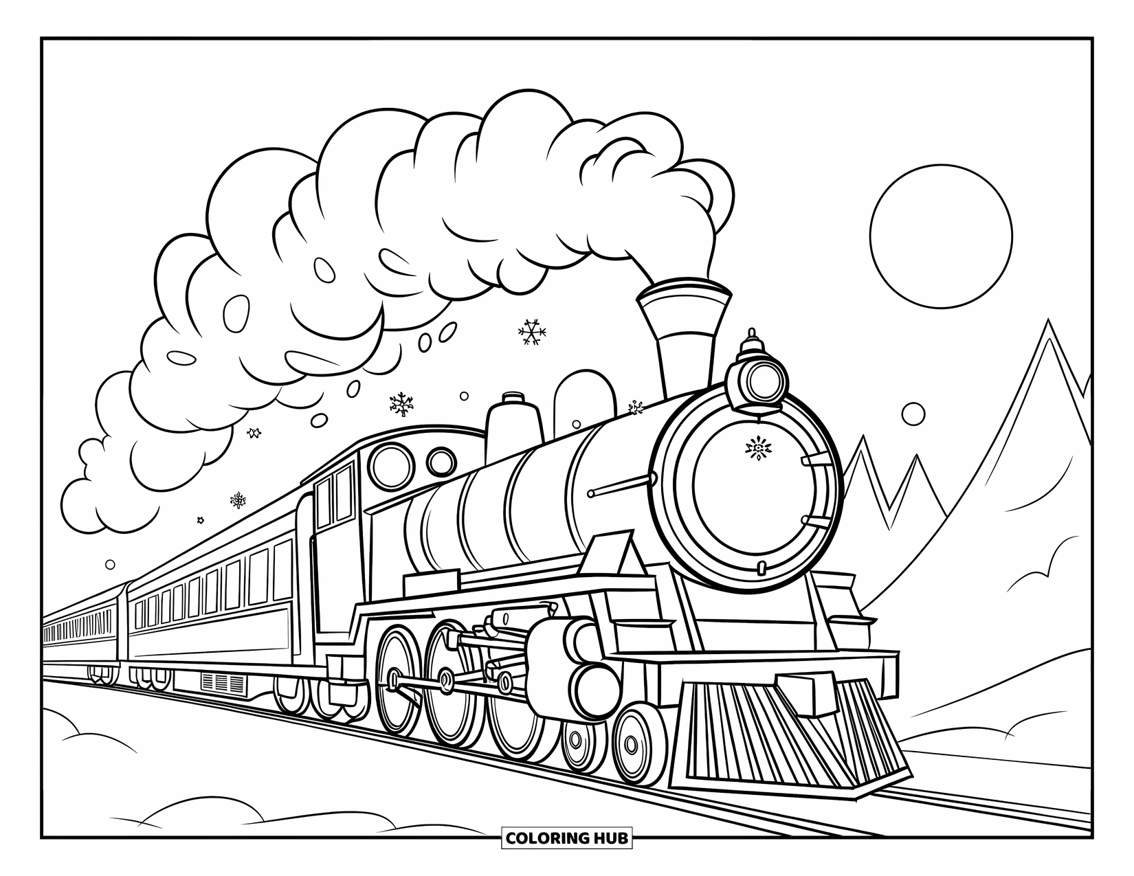 Weihnachts-Ausmalbild für Kinder: Der Polar Express dampft durch eine verschneite Nacht und hinterlässt eine Spur magischer Weihnachtsformen