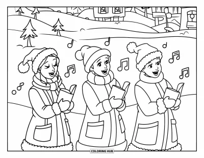Coloriage de Noël pour enfants : Trois chanteurs de chants de Noël bien couverts chantent ensemble dans la neige, entourés d’arbres et de bâtiments