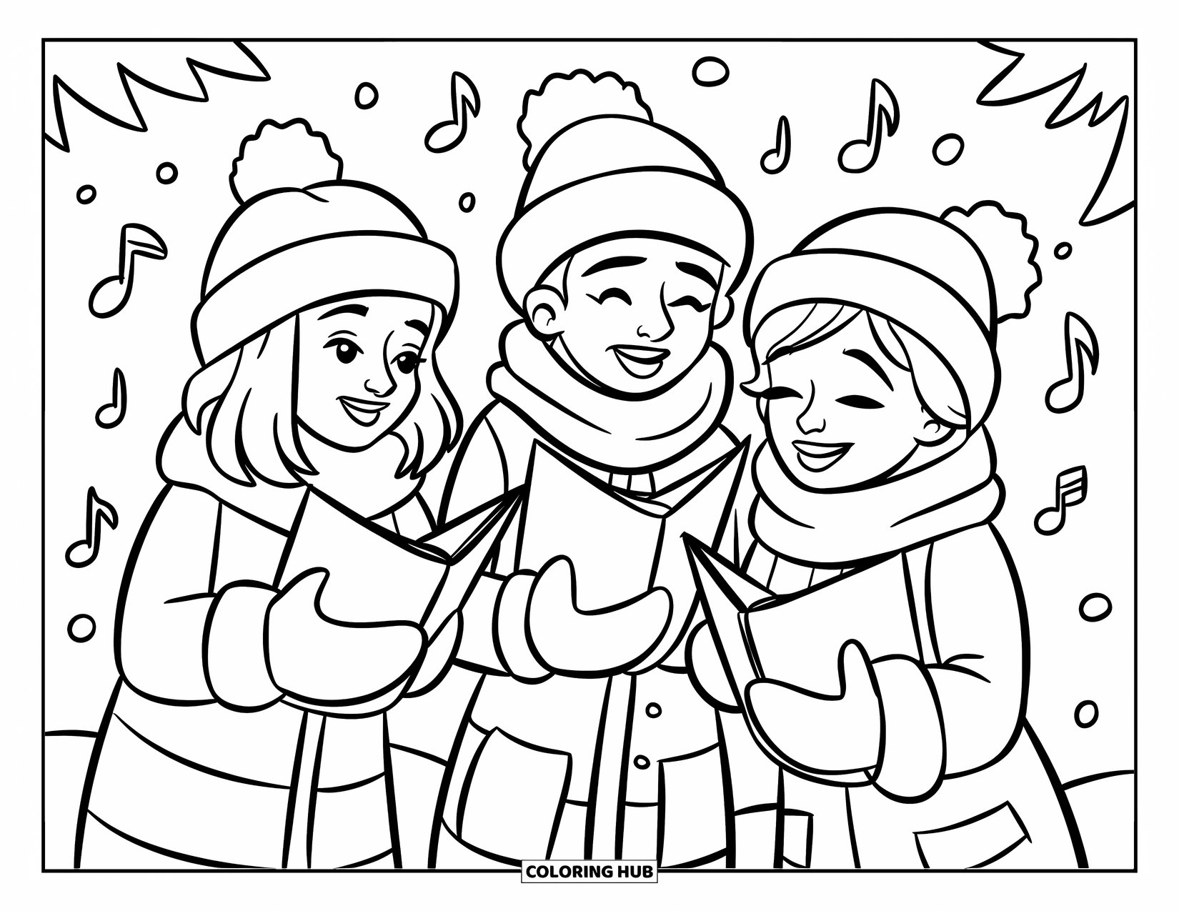Weihnachts-Ausmalbild für Kinder: Drei fröhliche Sänger singen im Schnee, gekleidet in warmer Winterkleidung