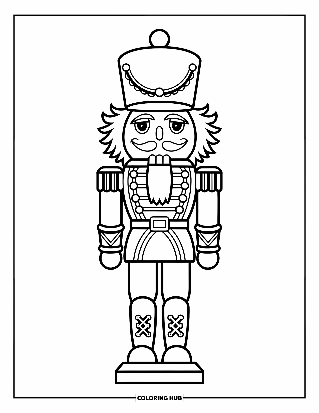 Weihnachts-Ausmalbild für Kinder: Drei Nussknacker-Soldaten stehen zur Schau, tragen verzierte Uniformen und Hüte