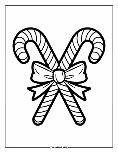Coloriage de Noël pour enfants : Deux cannes en sucre d’orge attachées ensemble par un grand nœud, prêtes pour les fêtes