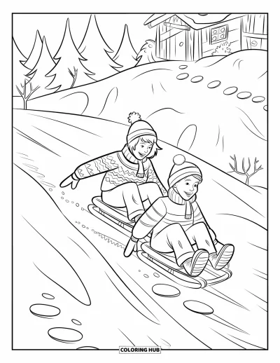 Coloriage de Noël pour enfants : Deux enfants profitent d’une descente en luge sur une colline enneigée près des pins
