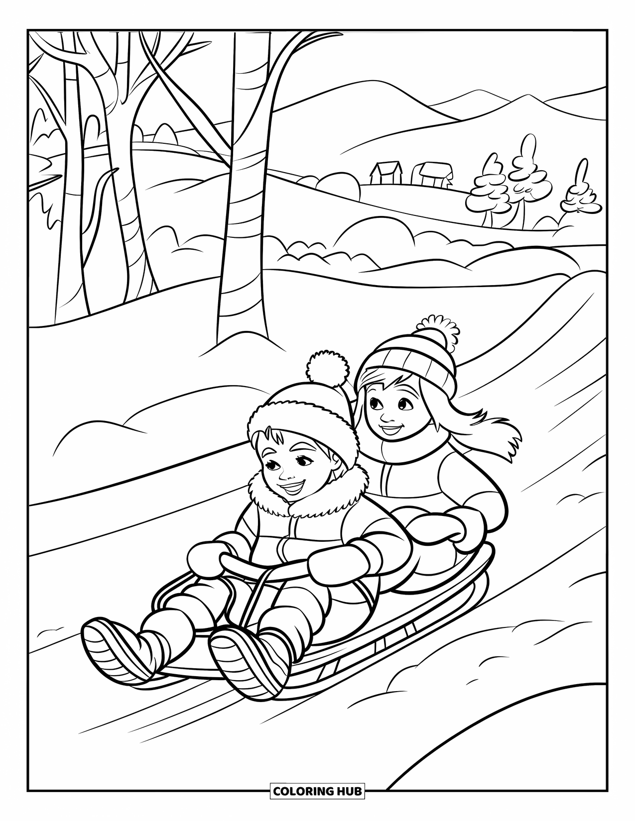Weihnachts-Ausmalbild für Kinder: Zwei Kinder in festlicher Winterkleidung sausen auf einem Schlitten einen schneebedeckten Hügel hinunter