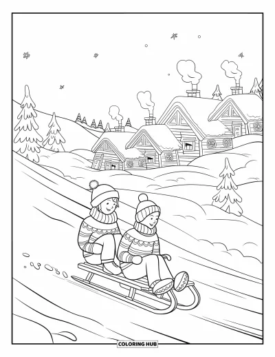 Coloriage de Noël pour enfants : Deux enfants dévalent une colline enneigée en luge en riant dans l’air d’hiver