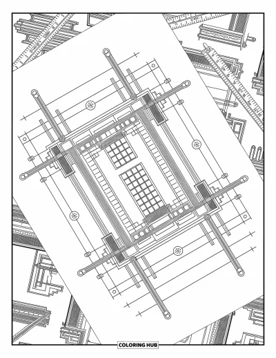 Coloriage de construction pour adultes : Un plan de construction avec des règles et des compas encadré par des motifs et des dessins artistiques