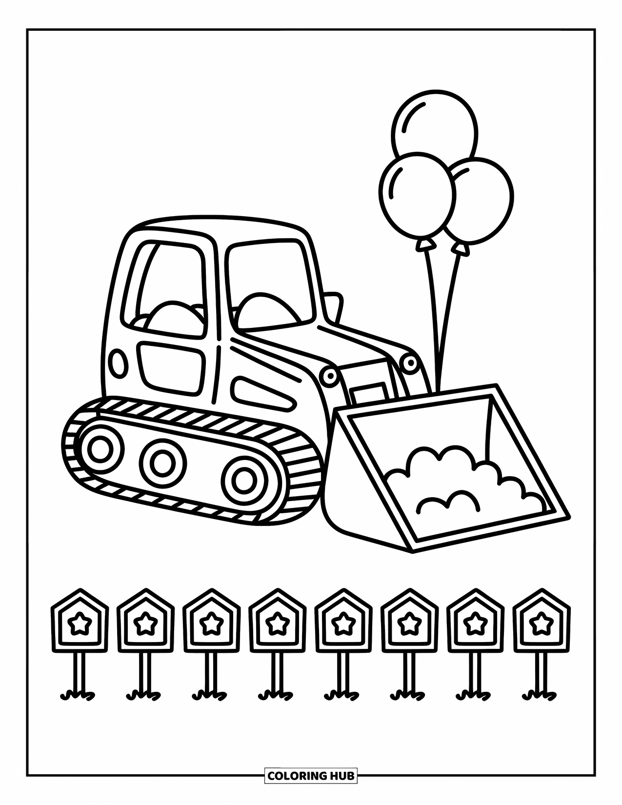 Bouw Kleurplaat voor Volwassenen: Een vrolijke bulldozer duwt zachte aarde met ballonnen en fonkelende kleine borden in de buurt