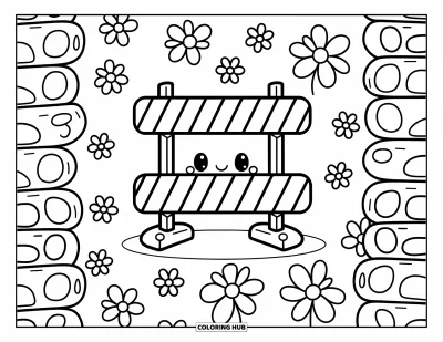 Coloriage de construction pour adultes : Une barrière de construction joyeuse sourit à côté de poutres en bois empilées et de motifs ludiques